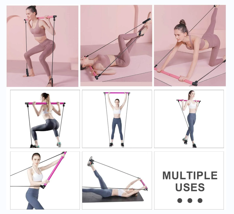 Usos múltiplos Barra de tonificação com bandas de resistência são usadas em yoga, pilates, alongamento, fitness e outros programas de treinamento.Exercícios de ioga e alongamento são muito adequados para mulheres grávidas usarem após a gravidez e o parto para manter uma boa saúde.Baixo impacto para evitar lesões, leve e fácil de transportar.